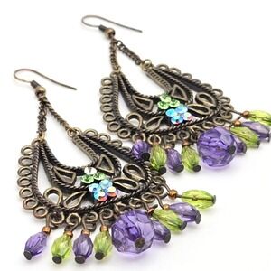 Brasstone Chandelier Earrings Purple and Green Faceted Beads Irridescent Accents